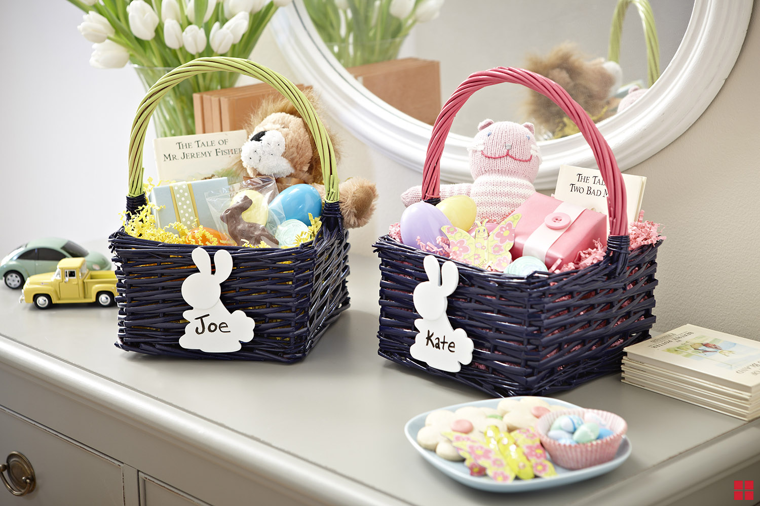 Easter baskets with the names Joe and Kate on bunny-shaped labels.